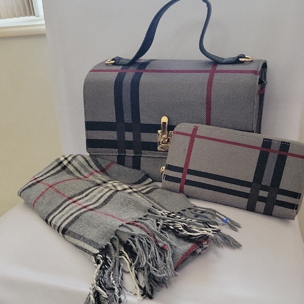 Plaid Handbag and Wallet Set - Gray and Red